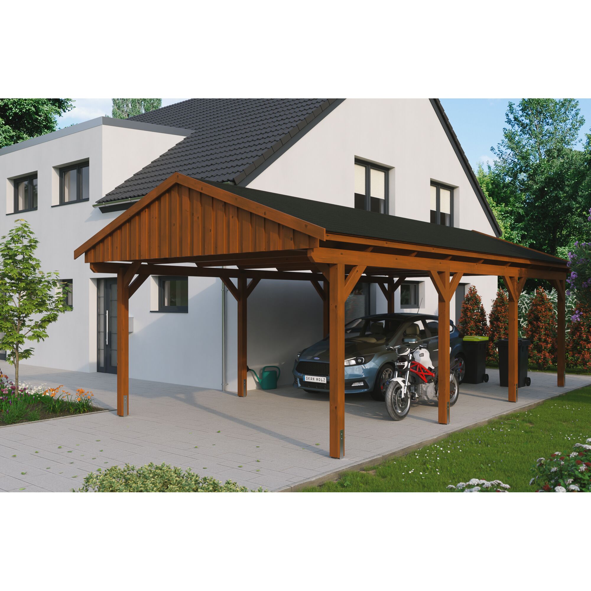 Holzcarport mit Auto und Motorrad