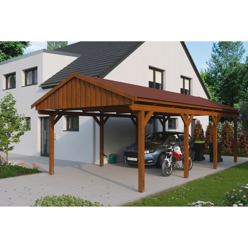 Holzcarport mit Auto und Motorrad