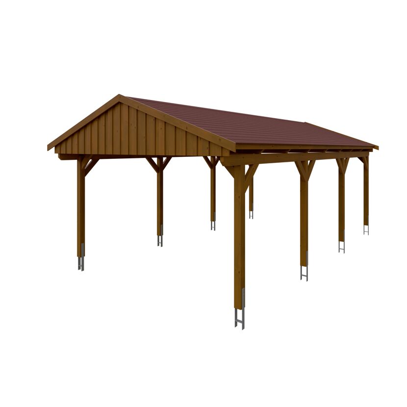 Holzcarport mit rotem Dach.