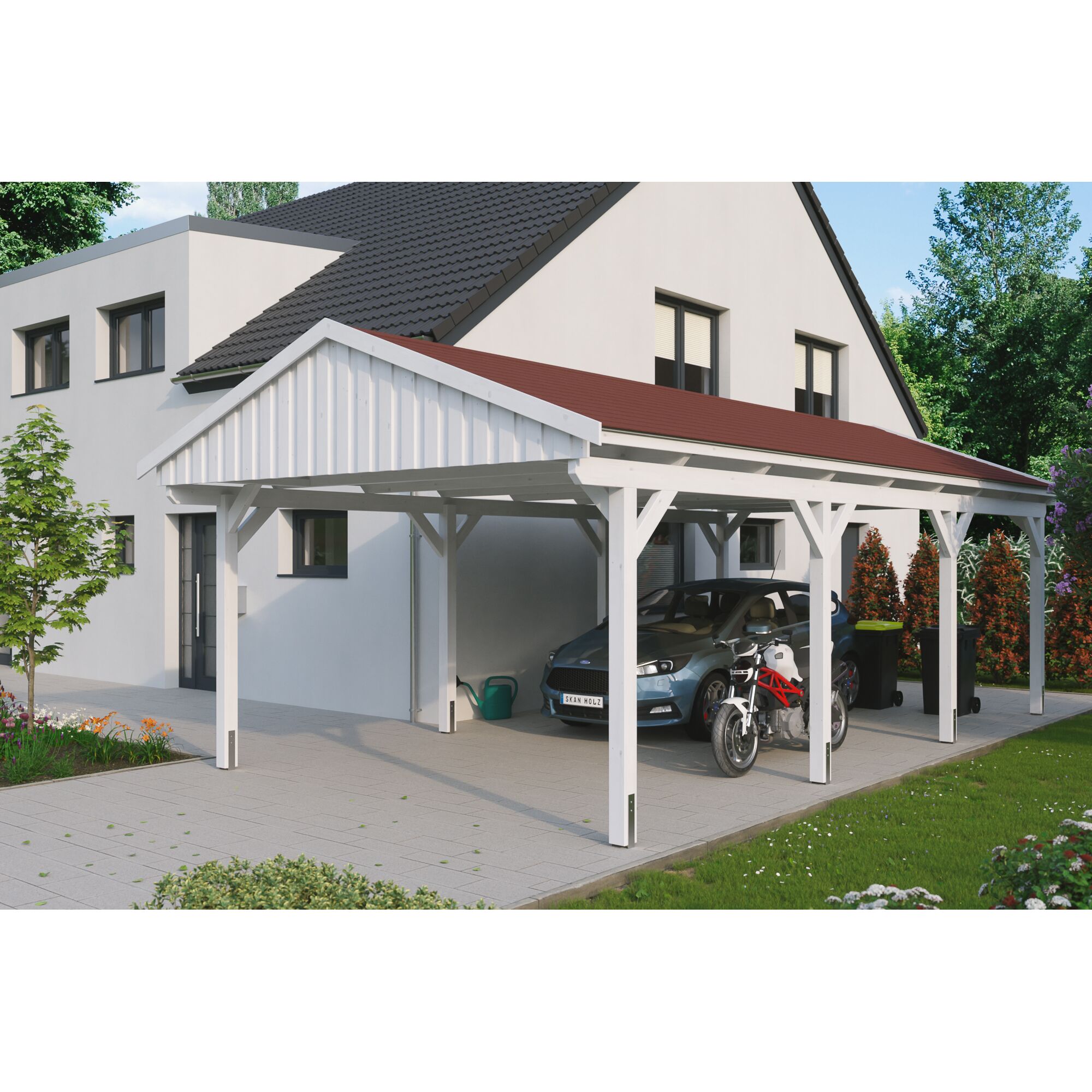 Weißer Carport mit rotem Dach, darunter ein Auto und ein Motorrad.