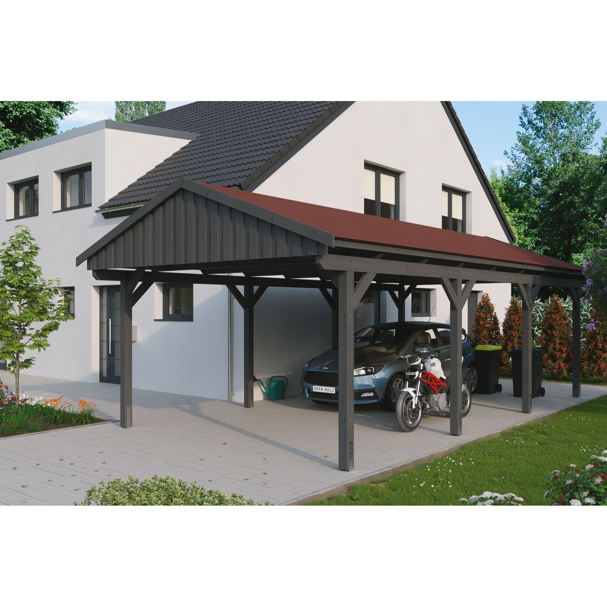 Auto und Motorrad unter einem grauen Carport