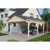 Holz-Carport mit Auto und Motorrad