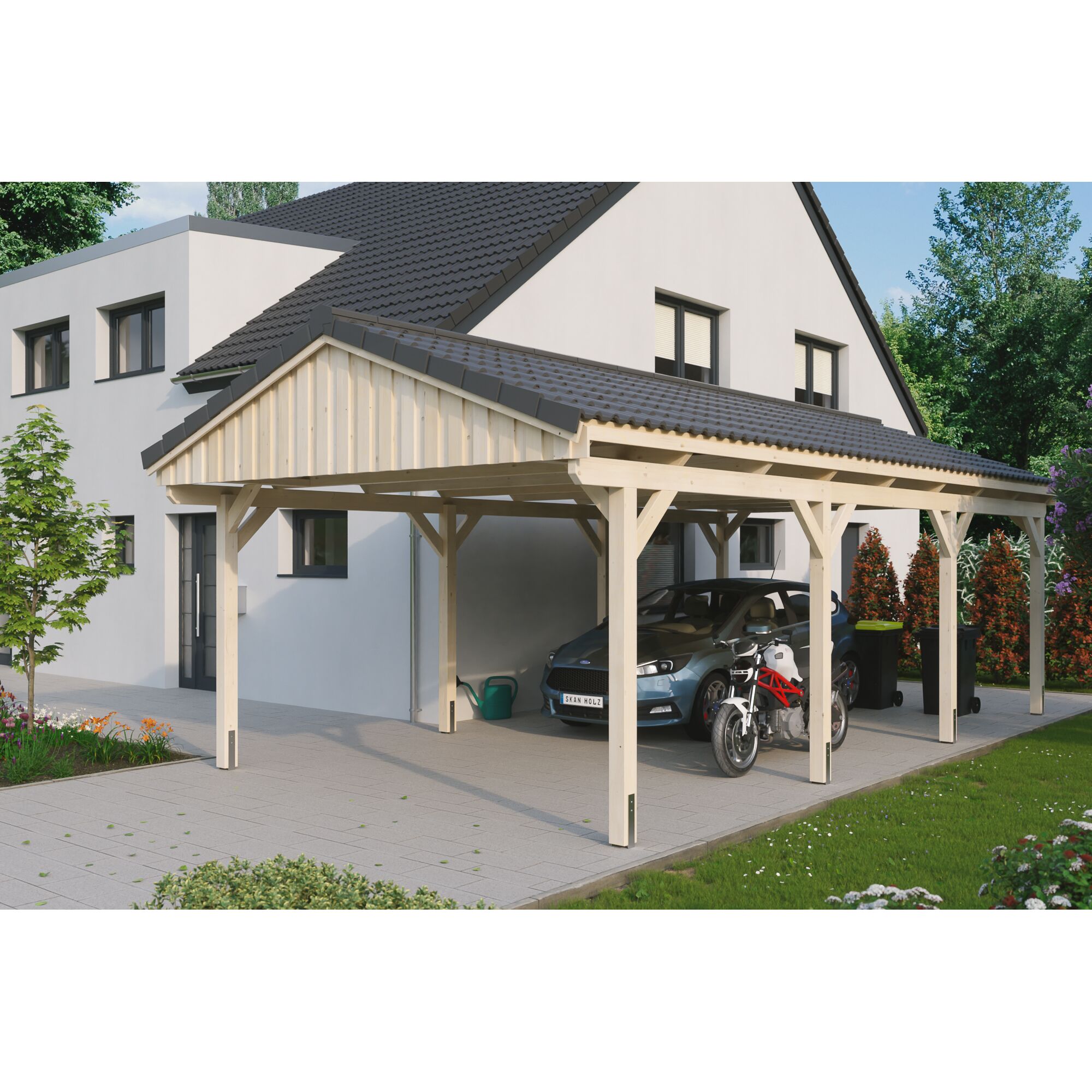 Holz-Carport mit Auto und Motorrad