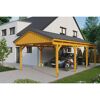 Holzcarport mit Auto und Motorrad