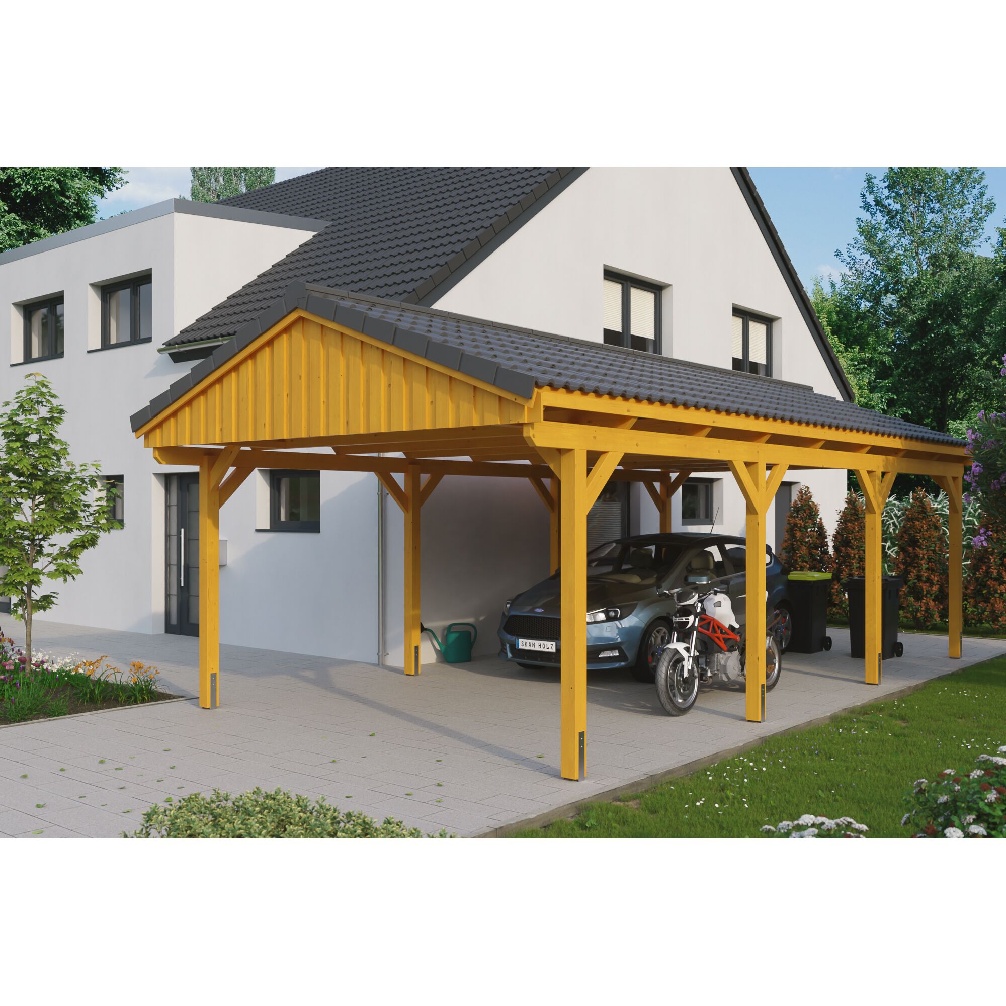 Holzcarport mit Auto und Motorrad