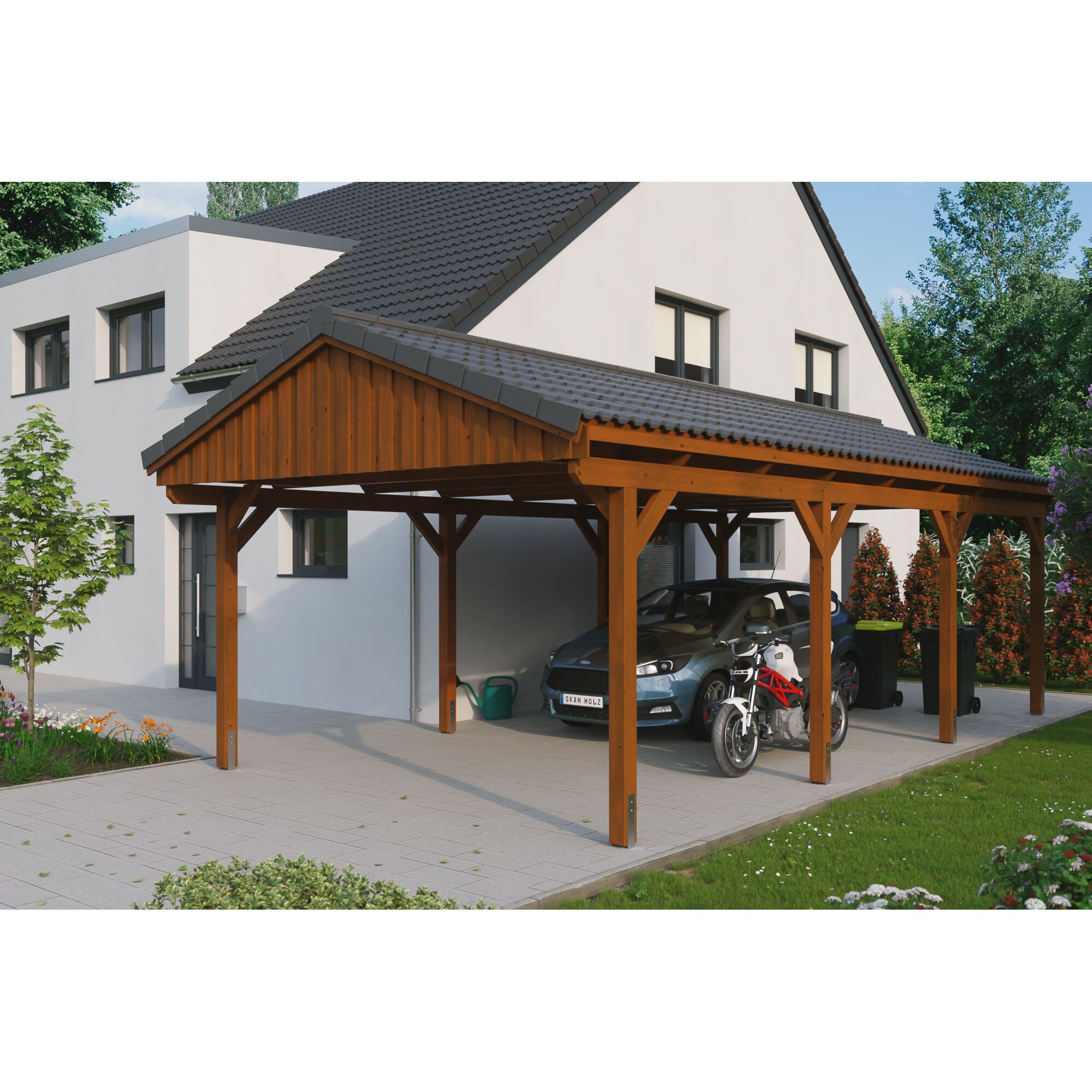 Holzcarport mit Auto und Motorrad