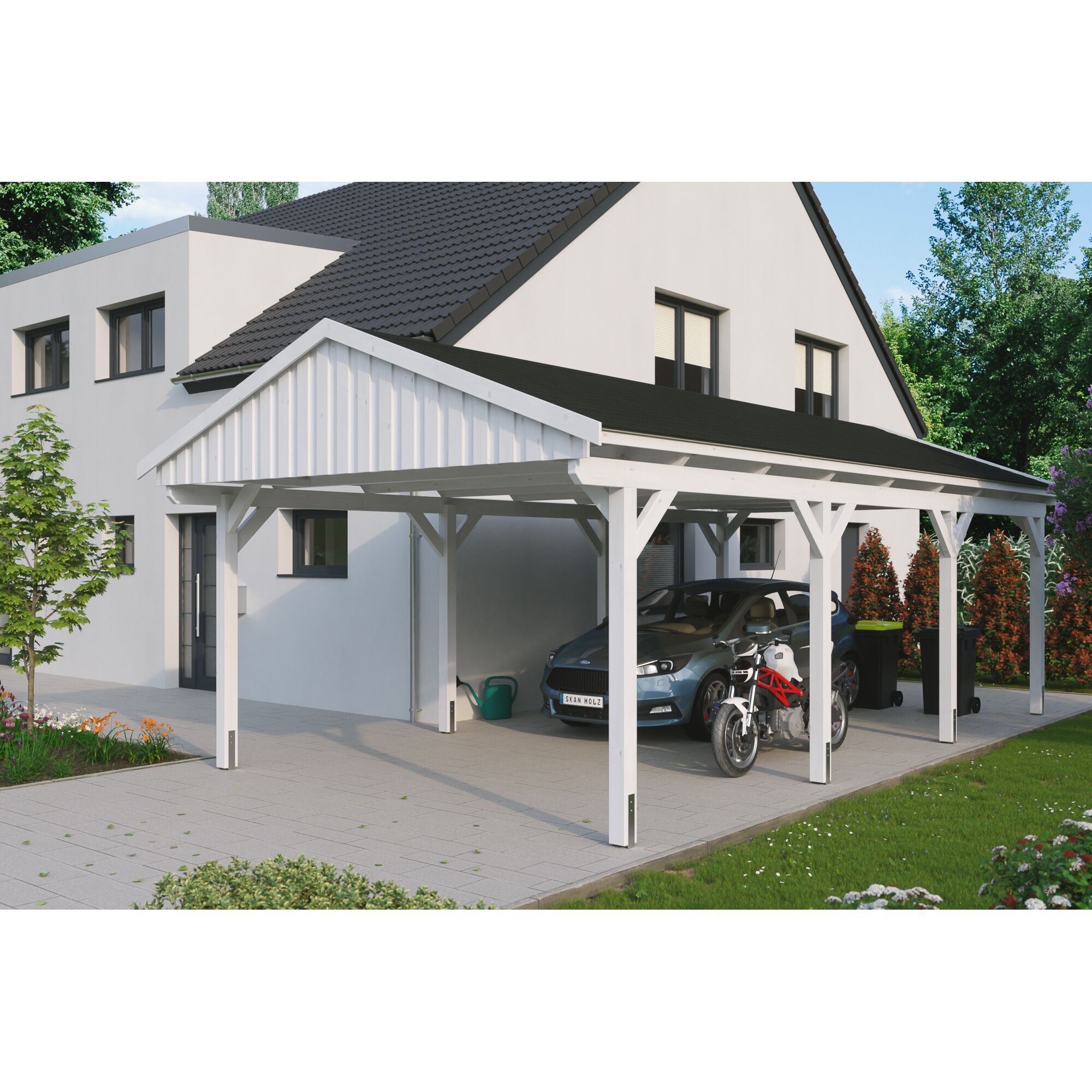 Weißer Carport mit Auto und Motorrad