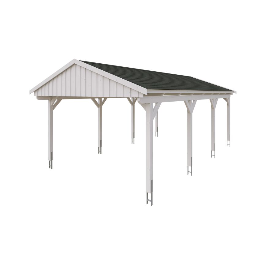 Weißer Carport mit schwarzem Dach