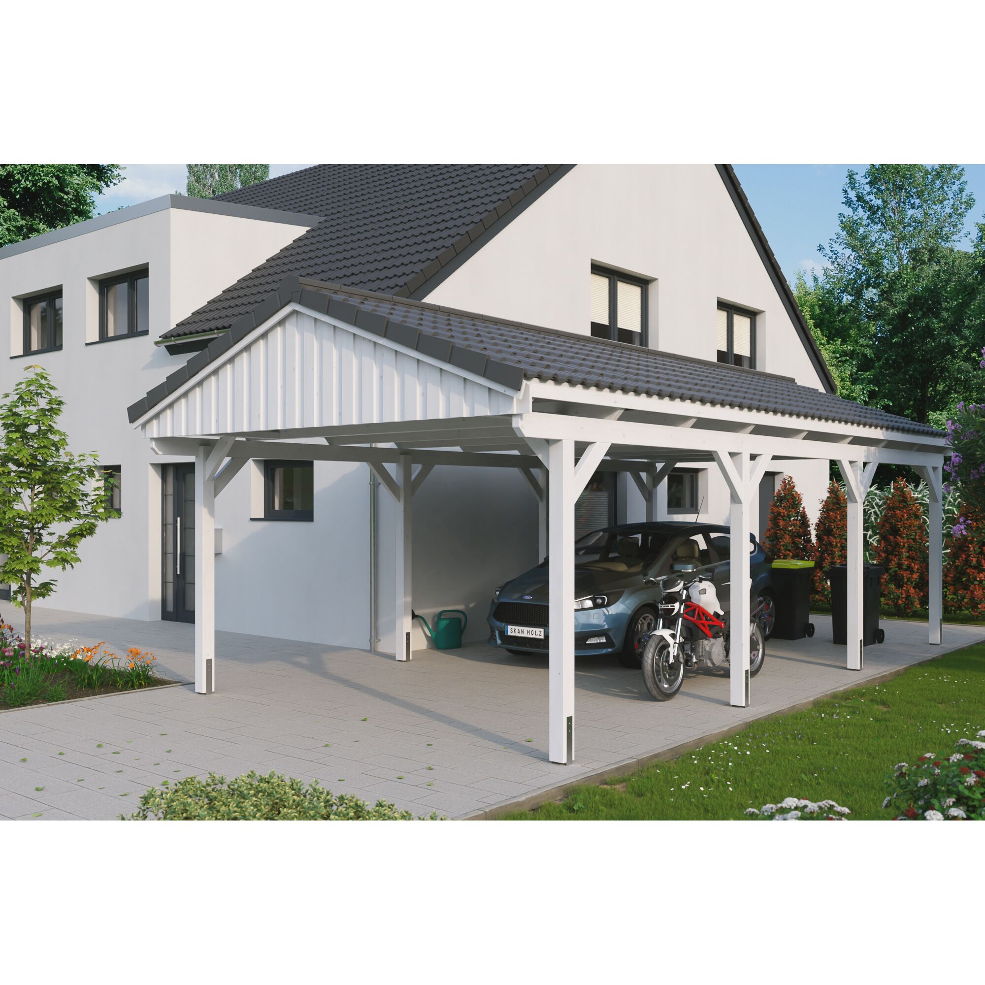 Weißer Carport mit Auto und Motorrad