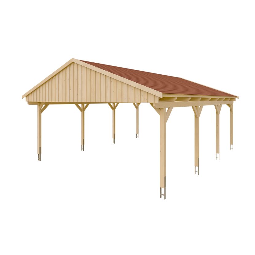 Holzcarport mit rotem Dach