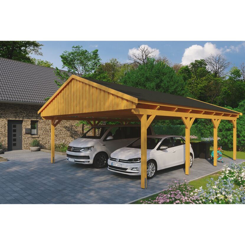 Doppelcarport aus Holz mit zwei Autos