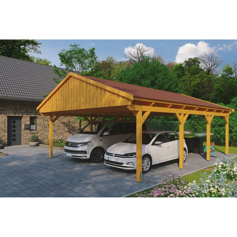Doppelter Carport aus Holz mit zwei Autos
