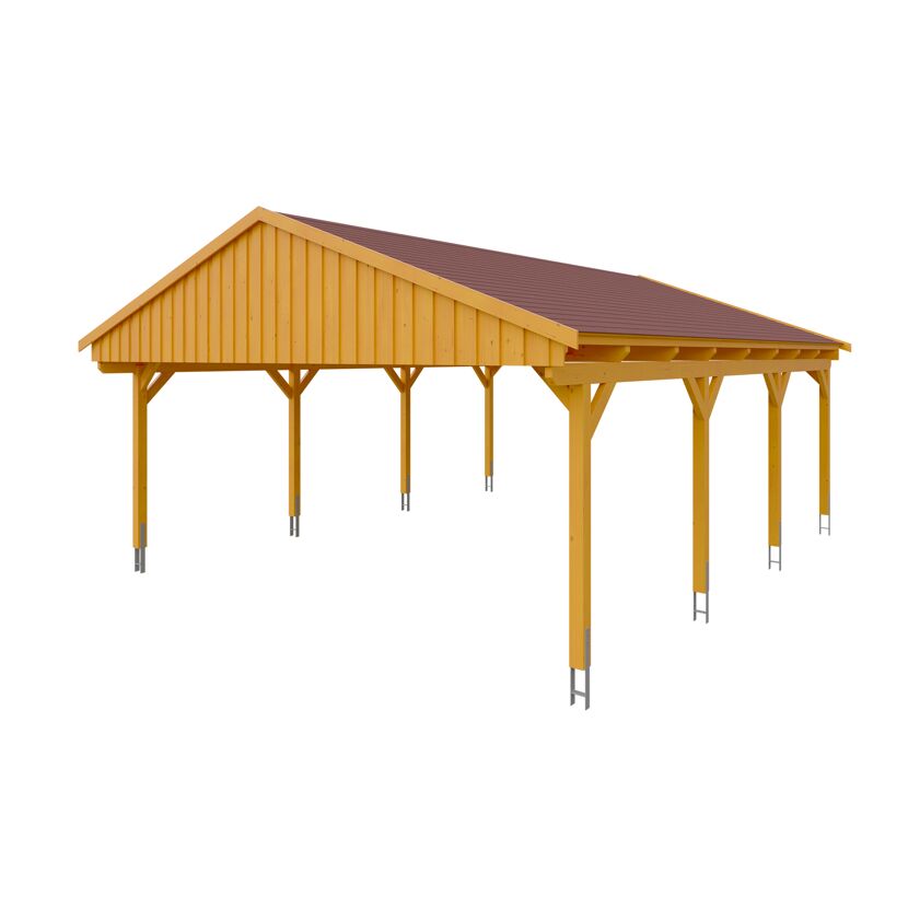 Holzcarport mit rotem Dach