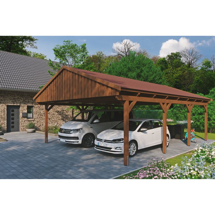 Doppelter Carport aus Holz mit zwei Autos