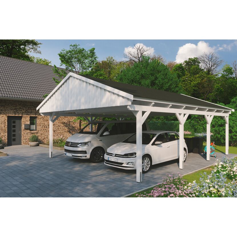 Weißer Doppelcarport mit zwei Autos