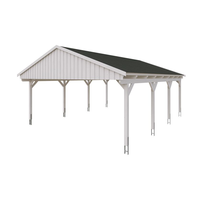 Weißer Carport mit schwarzem Dach