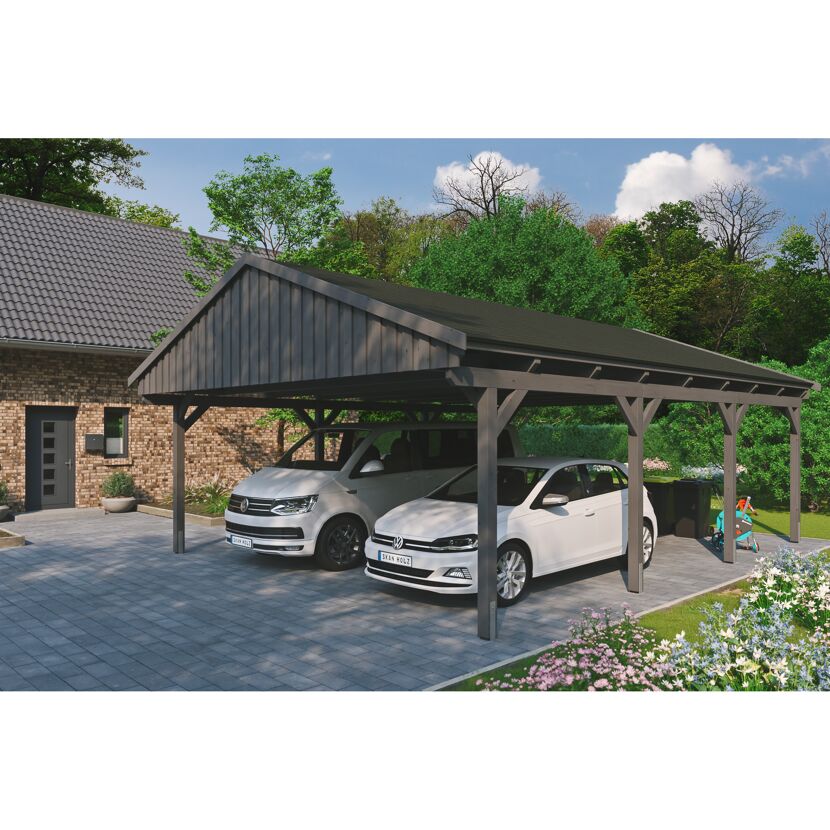 Doppelcarport aus Holz mit zwei Autos