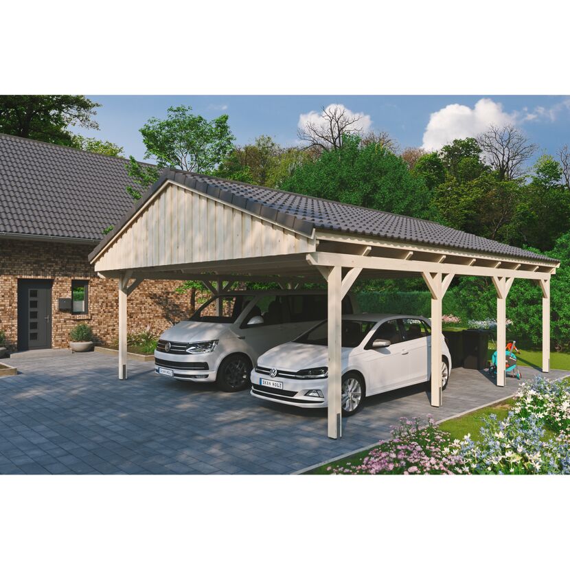 Zwei Autos unter einem Carport aus Holz.