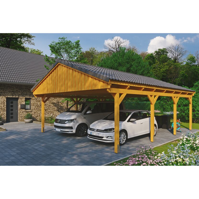 Doppelter Carport aus Holz mit zwei Autos