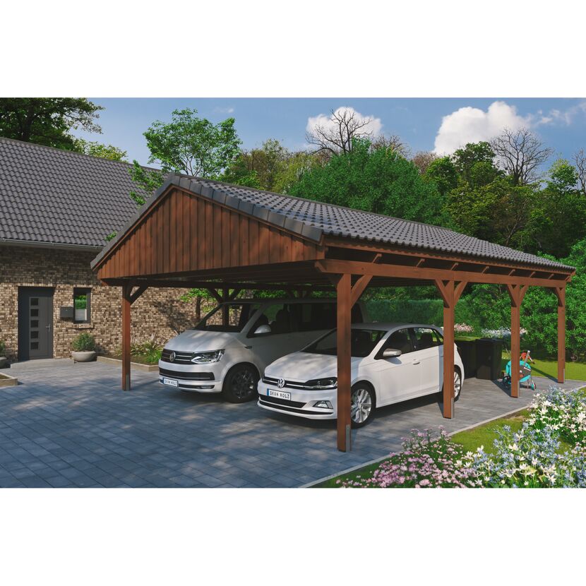 Zwei Autos unter einem Holzdach-Carport
