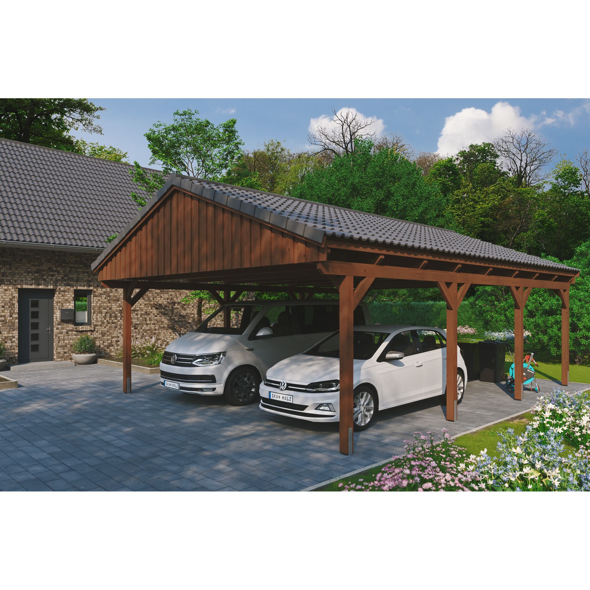 Zwei Autos unter einem Holzdach-Carport