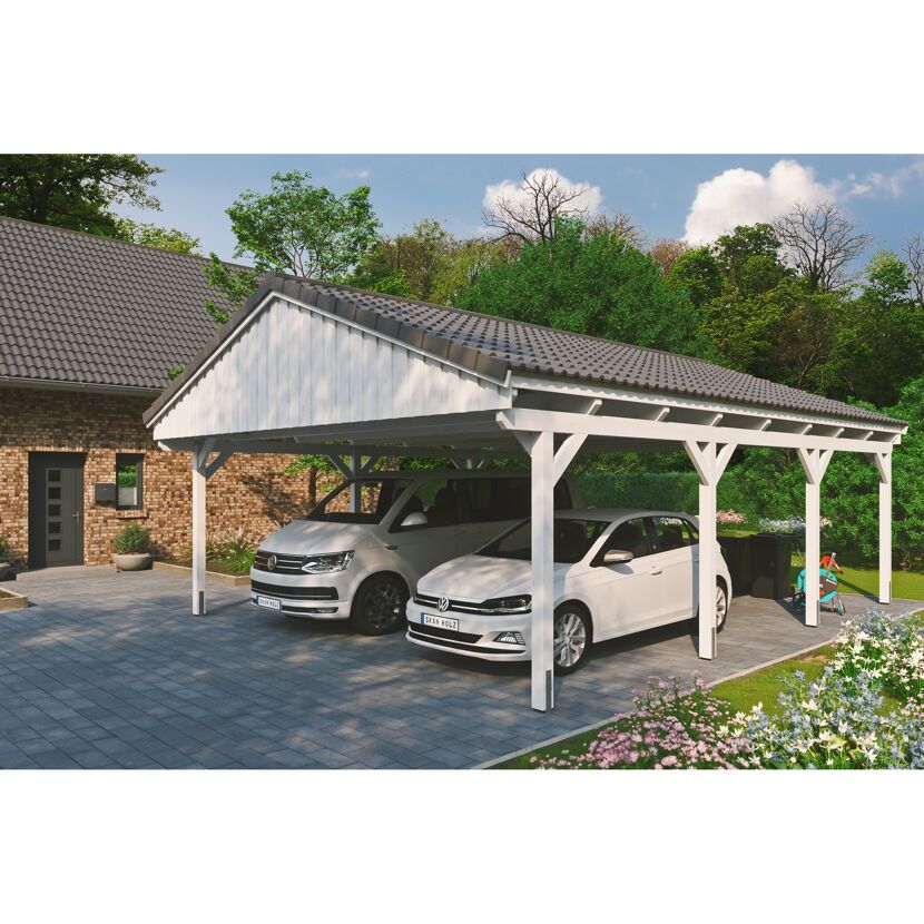 Weißer Carport mit zwei Autos