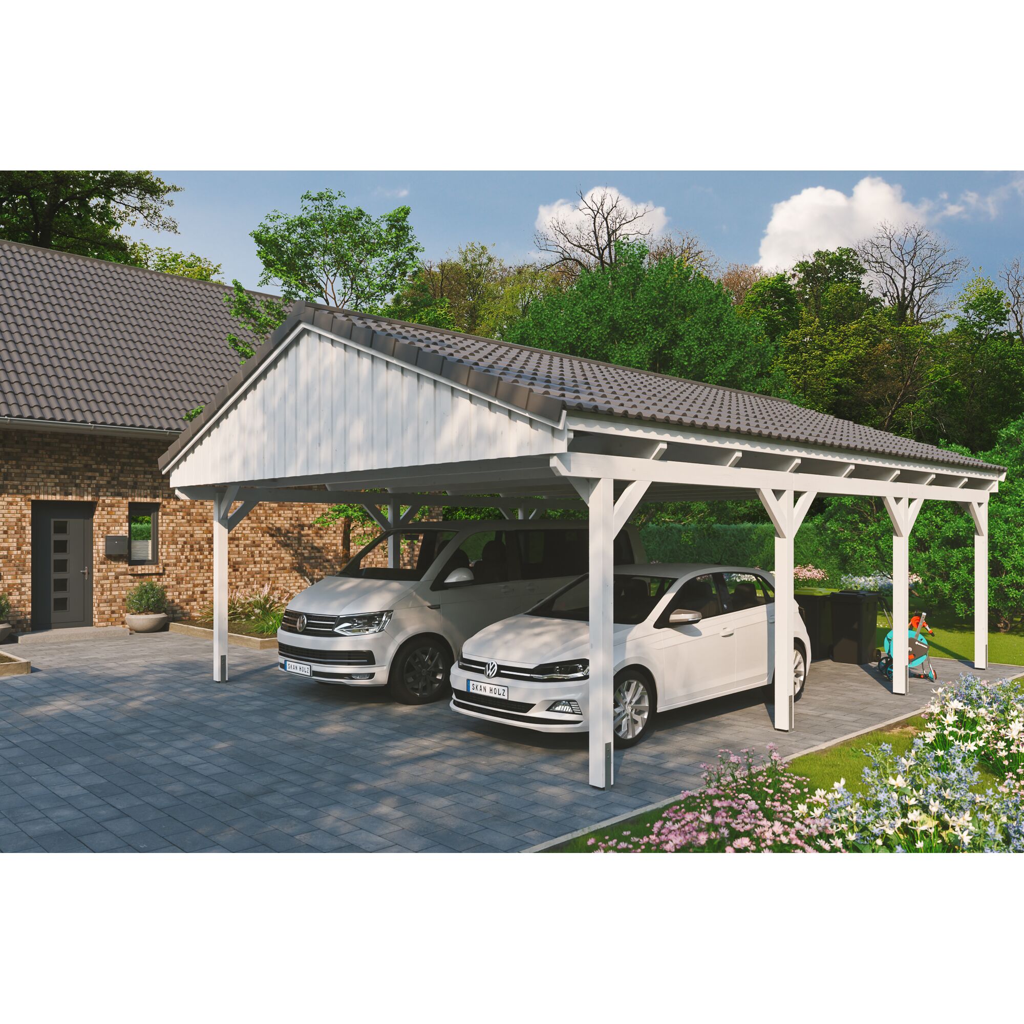 Weißer Carport mit zwei Autos