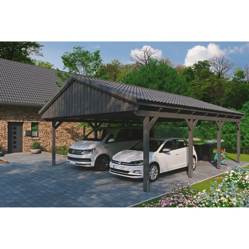 Zwei Autos unter einem grauen Carport