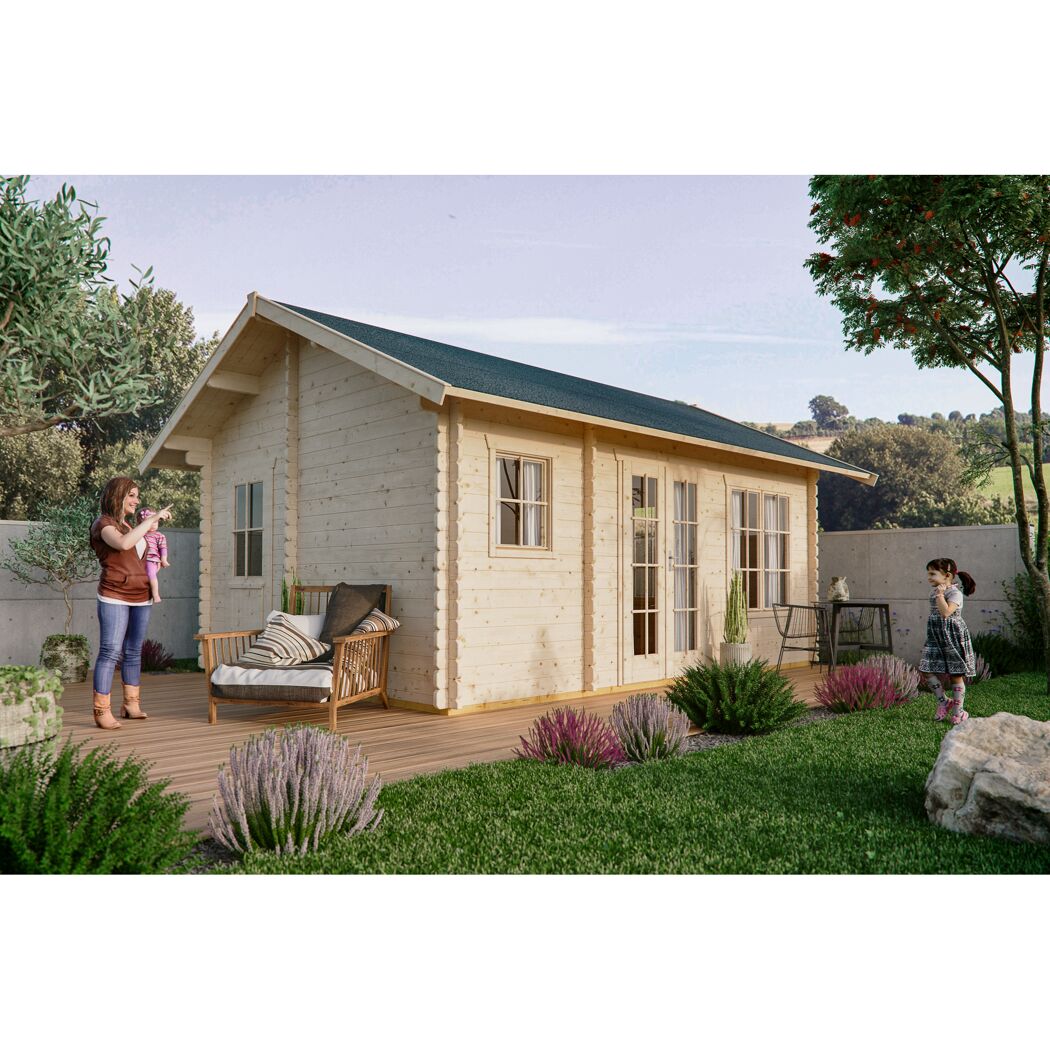 Gartenhaus aus Holz mit Terrasse, Person mit Kind