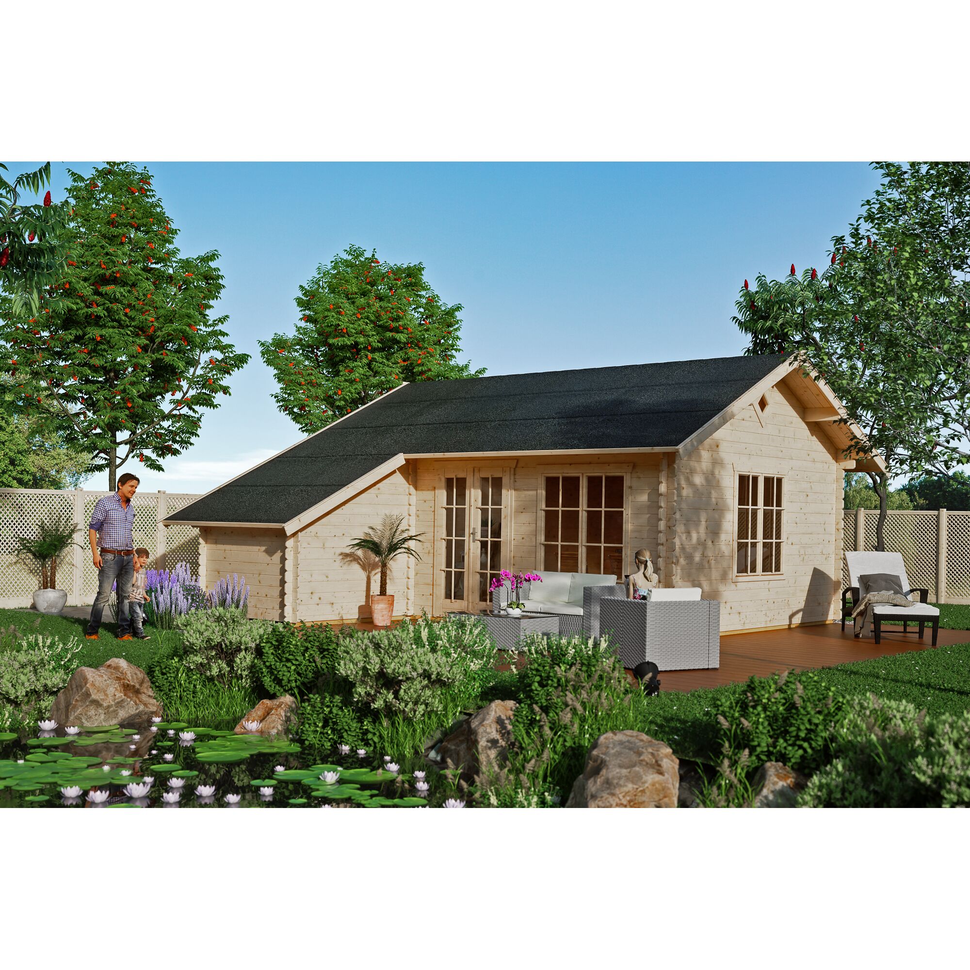 Gartenhaus aus Holz mit Terrasse und Teich