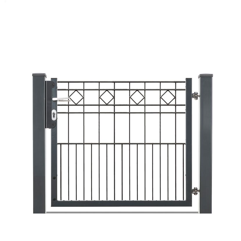 Schwarzes Metallgartentor mit grauen Pfosten