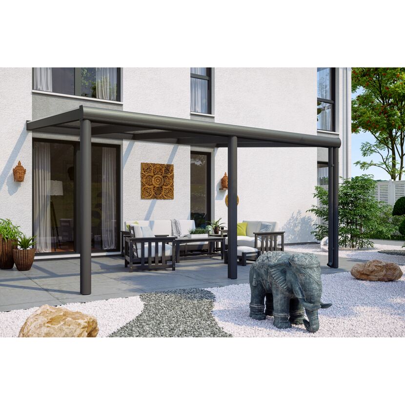 Terrassenüberdachung Garda anthrazit mit Gartenmöbeln
