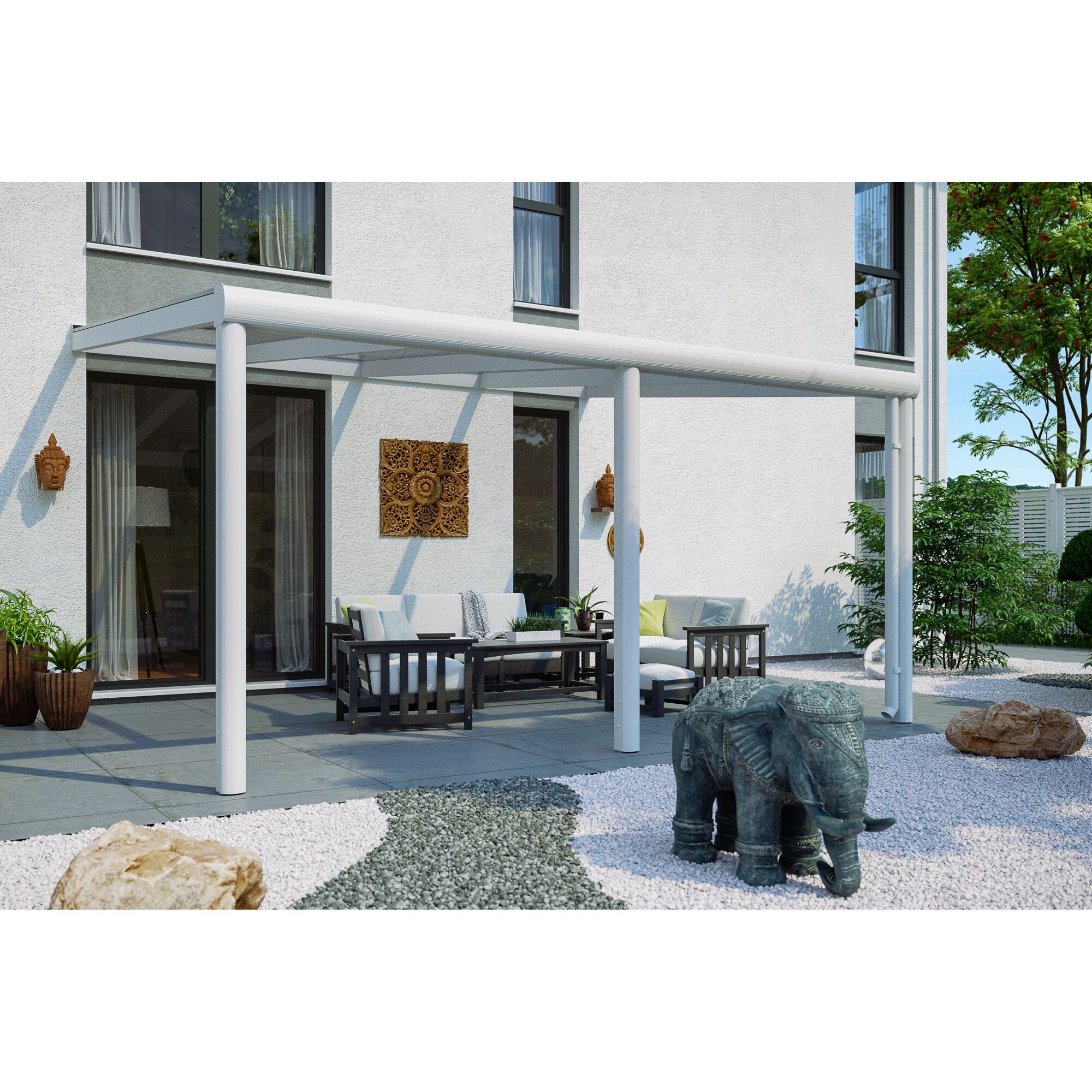 Weiße Terrassenüberdachung Garda mit Gartenmöbeln