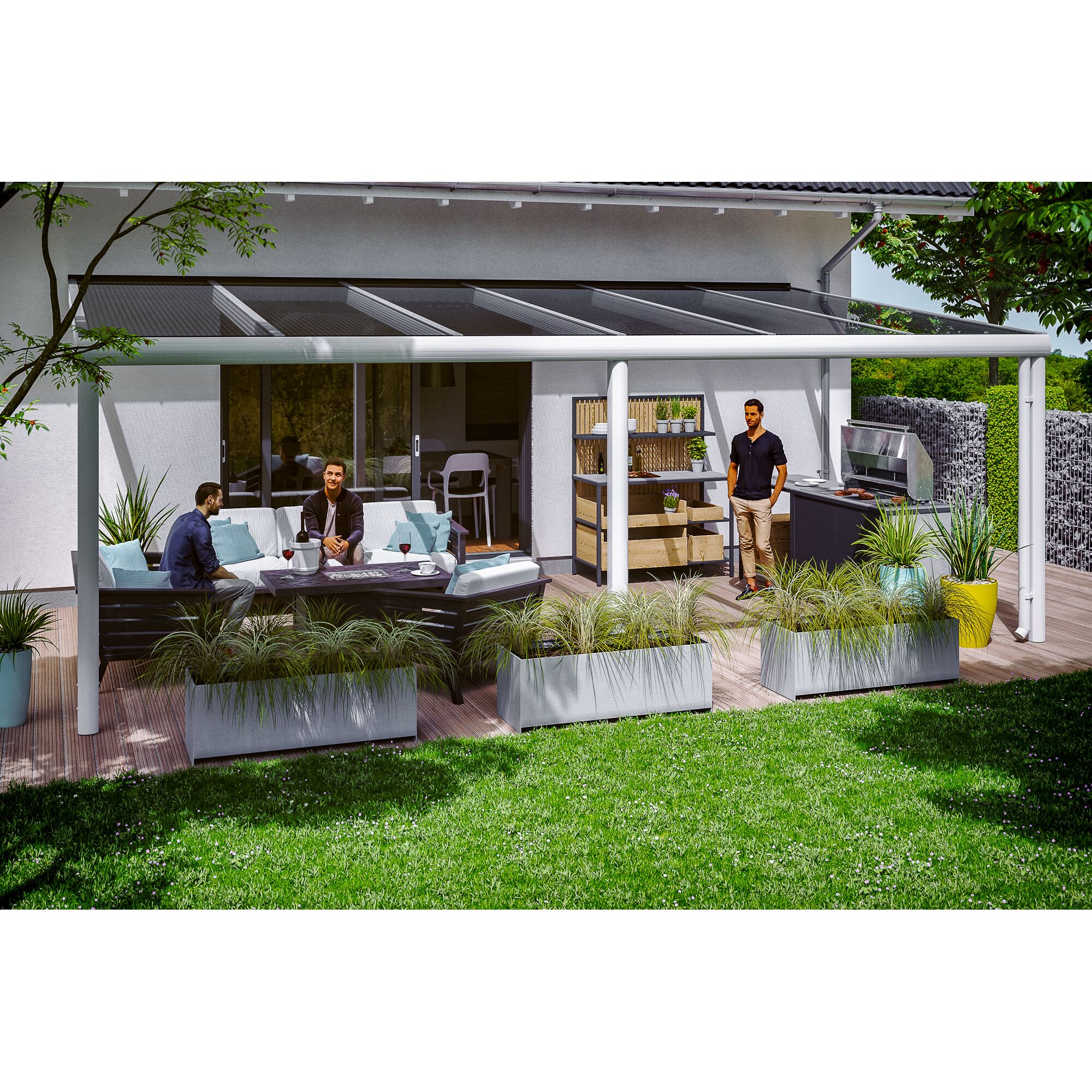 Personen sitzen unter einer Terrassenüberdachung und grillen.
