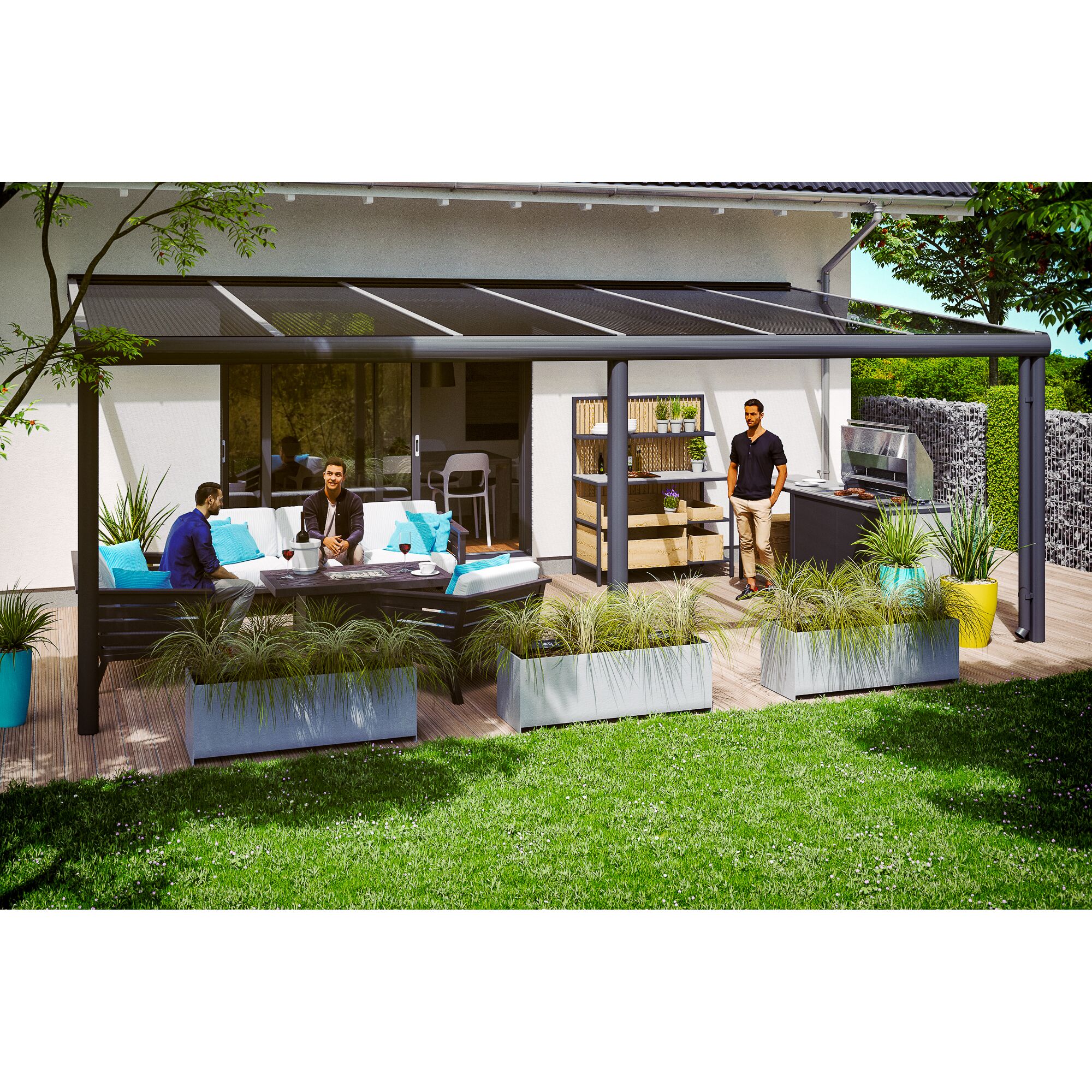 Terrassenüberdachung Garda mit Sitzgruppe und Grill