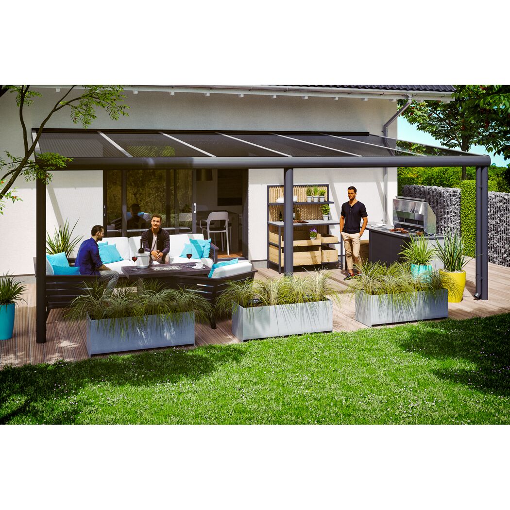 Terrassenüberdachung Garda mit Sitzgruppe und Grill