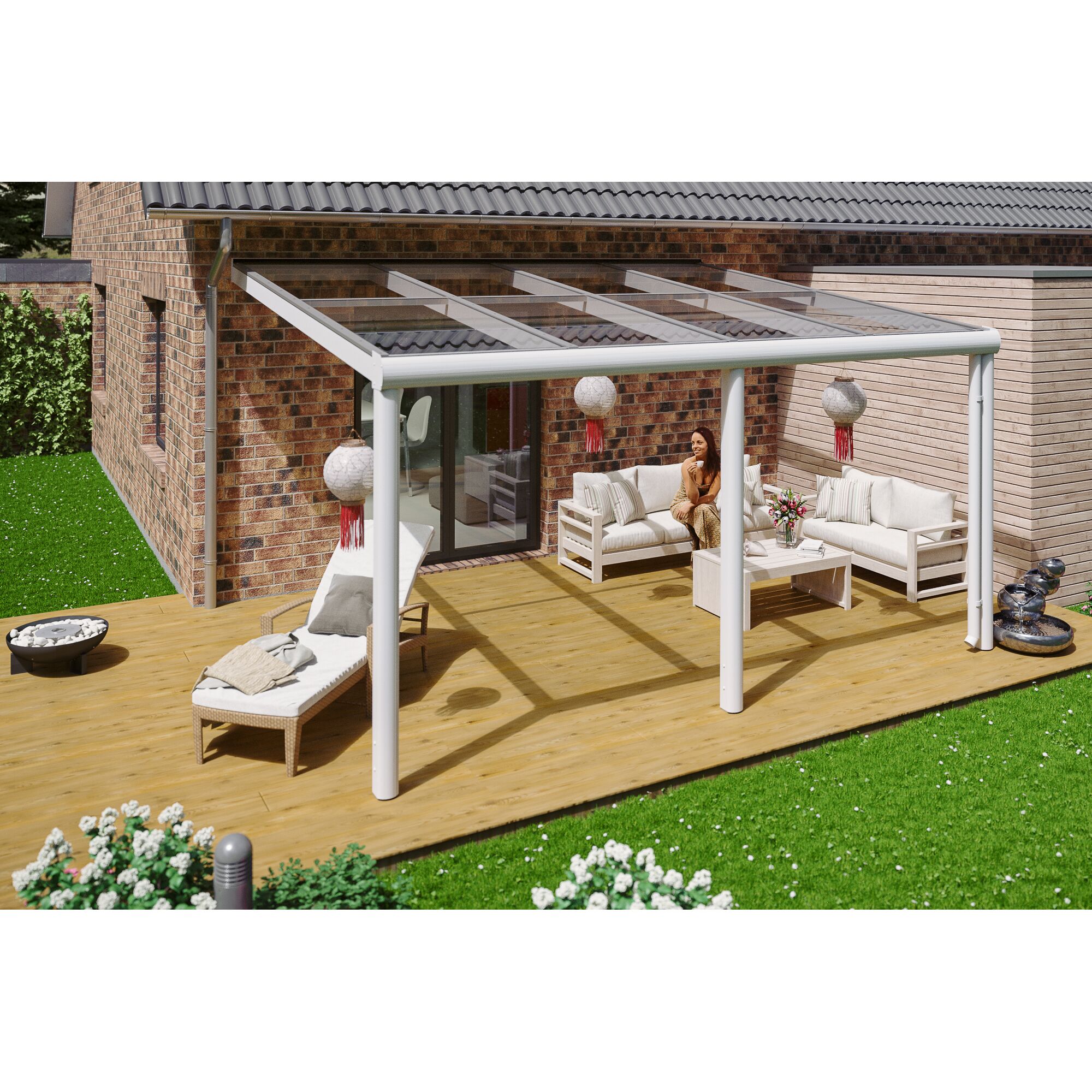 Weiße Terrassenüberdachung mit Sitzecke