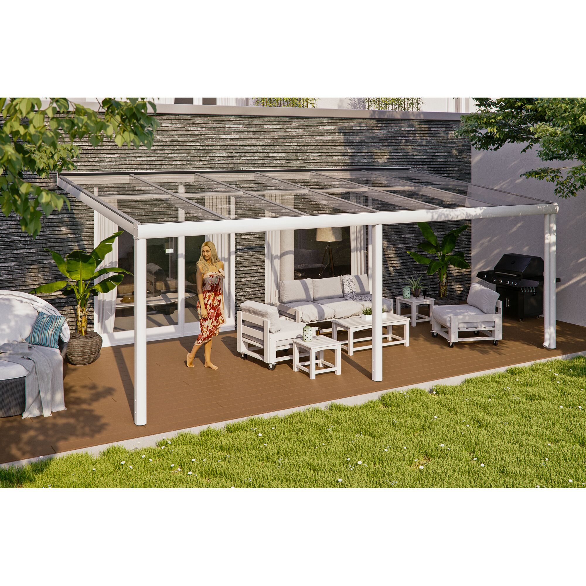 Weiße Terrassenüberdachung Monza mit Gartenmöbeln