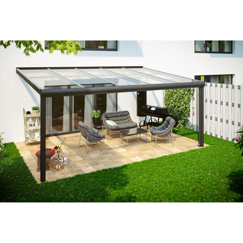Terrassenüberdachung TD Modena mit Gartenmöbeln