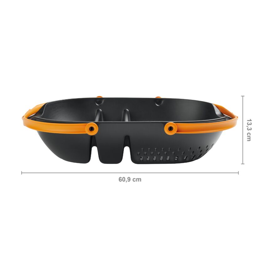 Schwarzer Erntekorb mit orangen Griffen