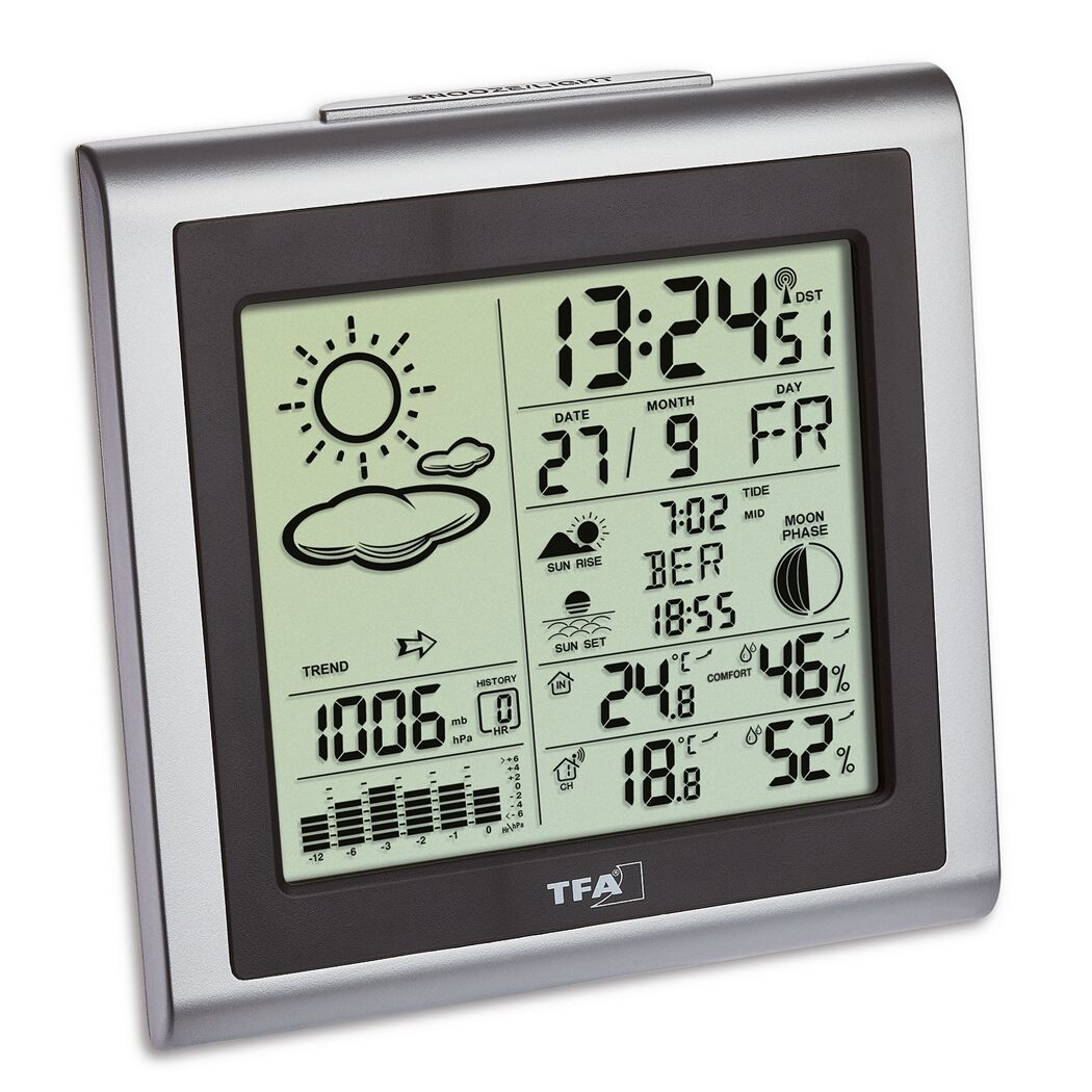 Digitale Wetterstation mit Anzeige von Uhrzeit, Temperatur, Luftfeuchtigkeit, Luftdruck und Datum