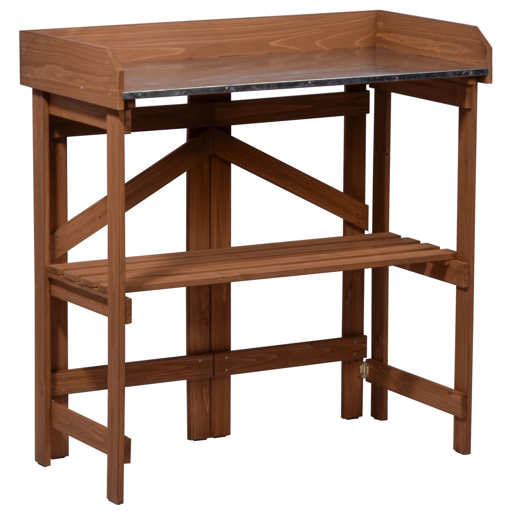 Klappbarer Pflanztisch aus Holz mit Metallplatte.