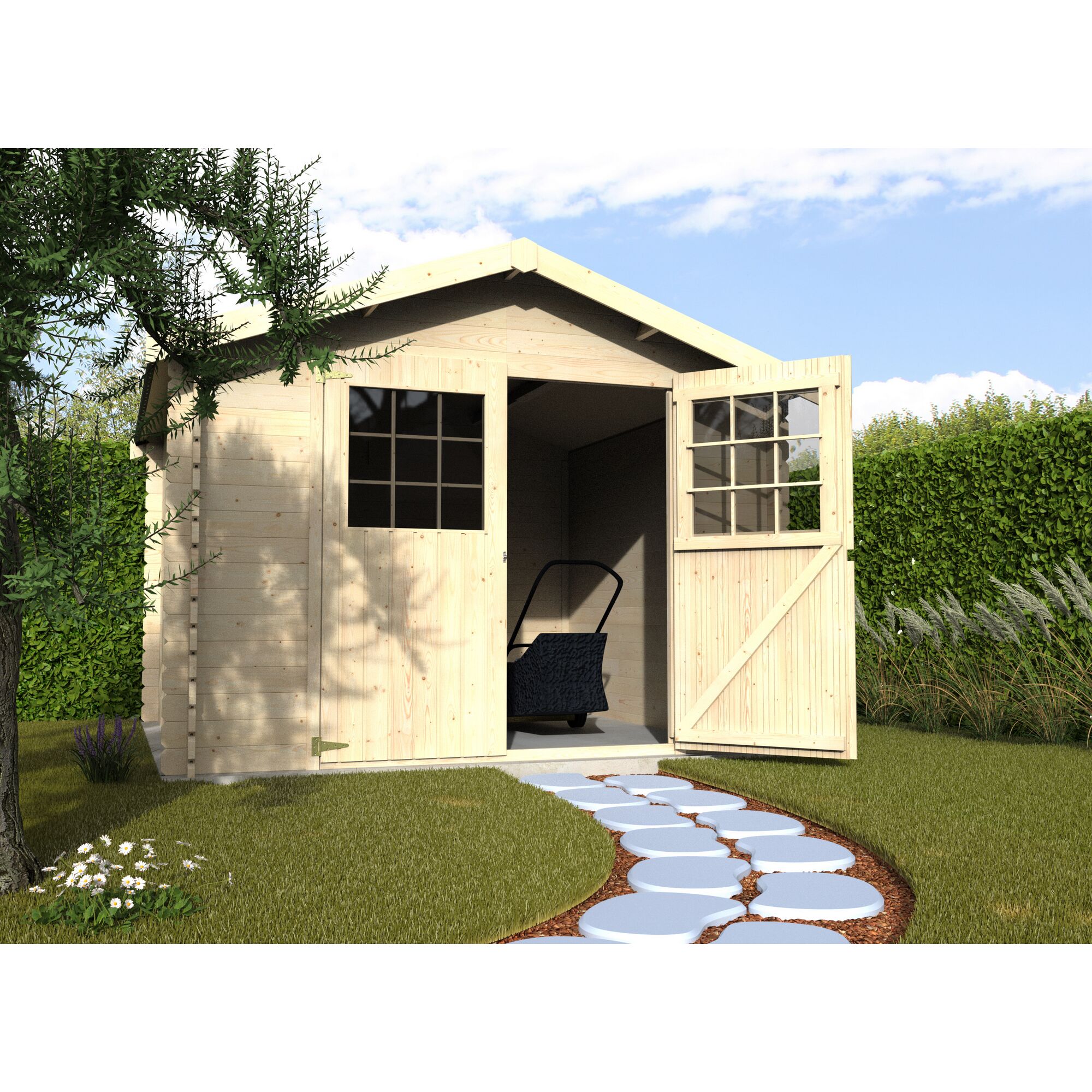 Gartenhaus aus Holz mit geöffneten Türen und Schubkarre