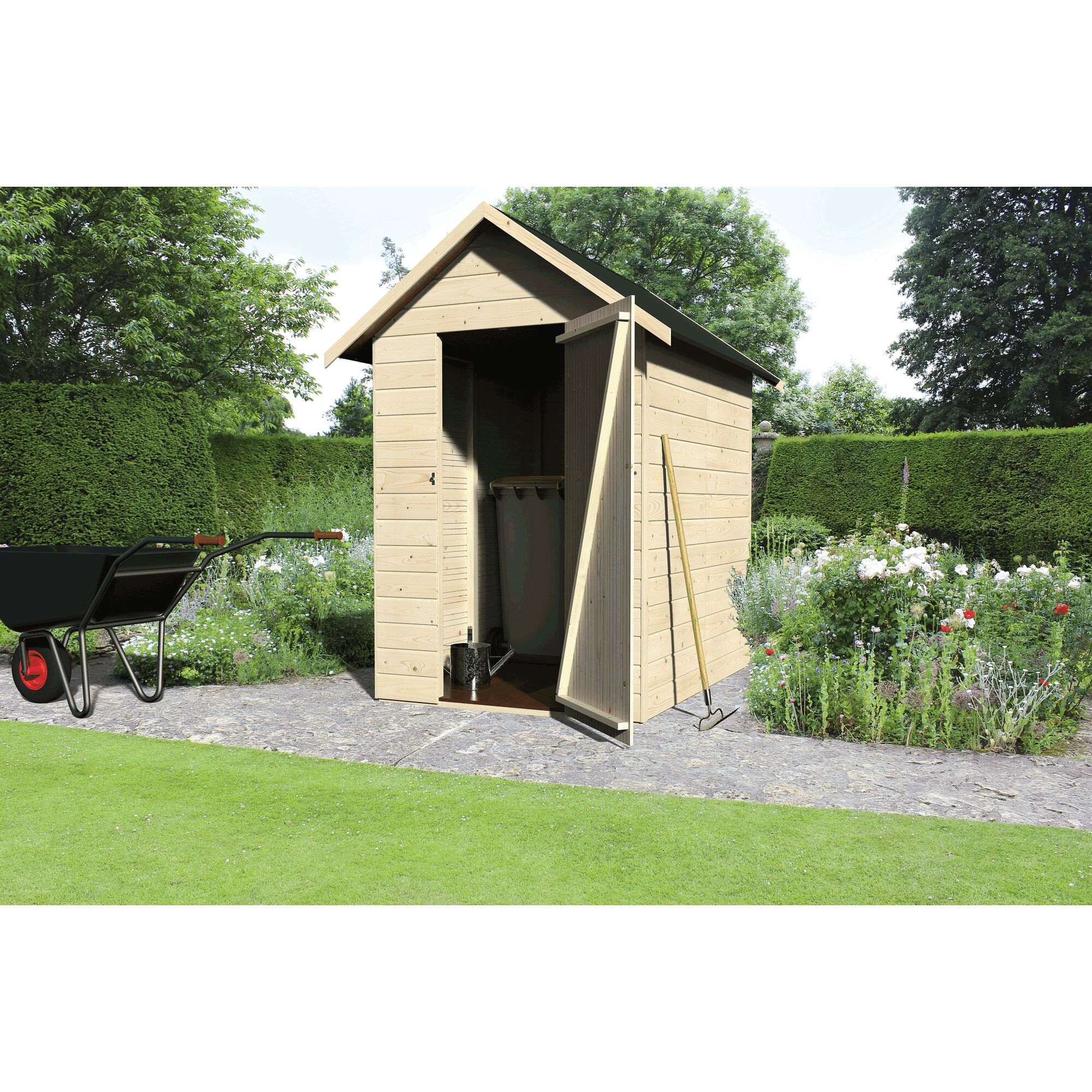 Gartenhaus Ambeal naturbelassen mit geöffneter Tür