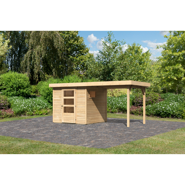 Bild von Gartenhaus 'Coburg' naturbelassen mit Anbaudach 467 x 238 x 210 cm