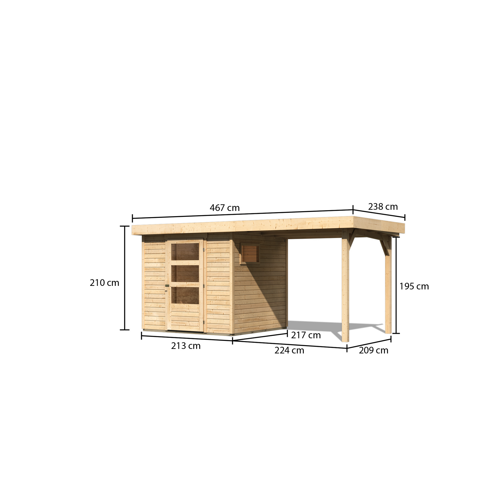 Gartenhaus 'Coburg' naturbelassen mit Anbaudach 467 x 238 x 210 cm + product picture