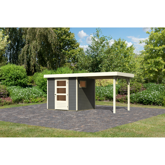Bild von Gartenhaus 'Coburg' terragrau mit Anbaudach 467 x 238 x 210 cm