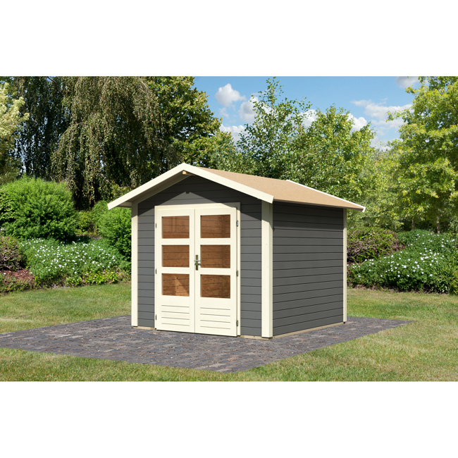 Bild von Gartenhaus 'Berge 1' terragrau mit Dachpappe, Boden 270 x 274 x 230 cm