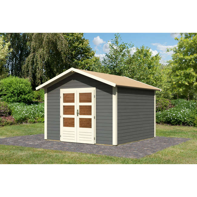 Bild von Gartenhaus 'Berge 2' terragrau mit Boden und Dachpappe 330 x 330 x 238 cm