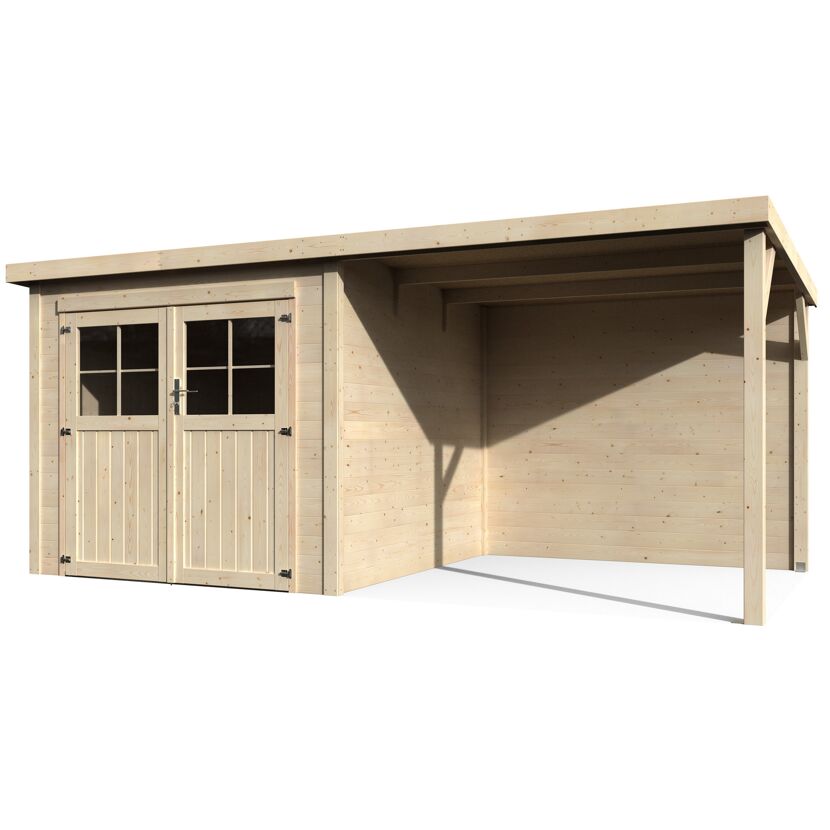 Gartenhaus aus Holz mit Doppeltür und Überdachung